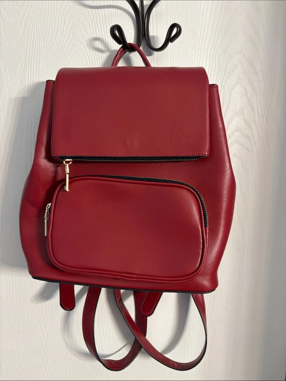 Structured Red Faux Leather Women's Backpack with Front Pocket